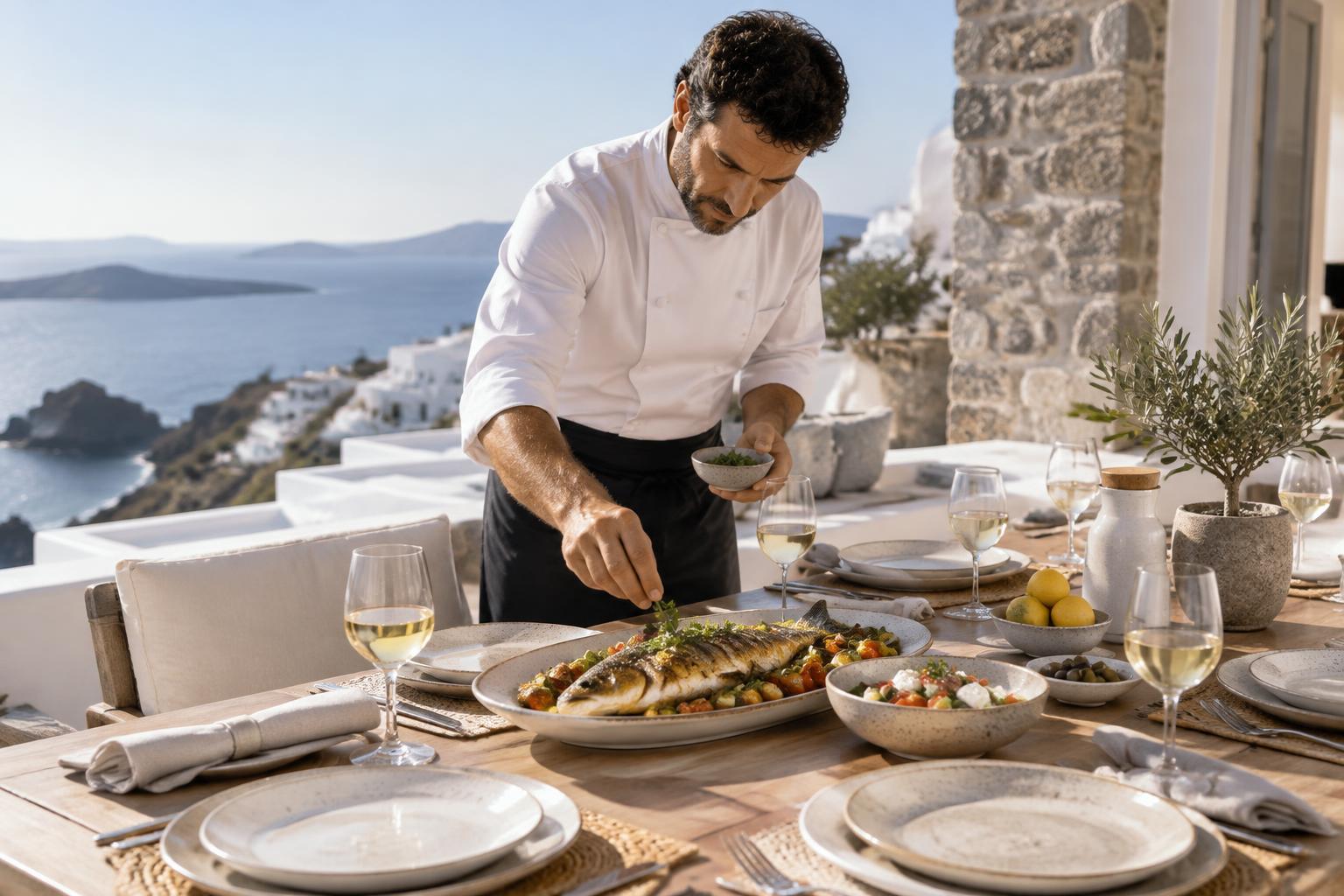 Private chef preparing Mediterranean dining on a villa terrace