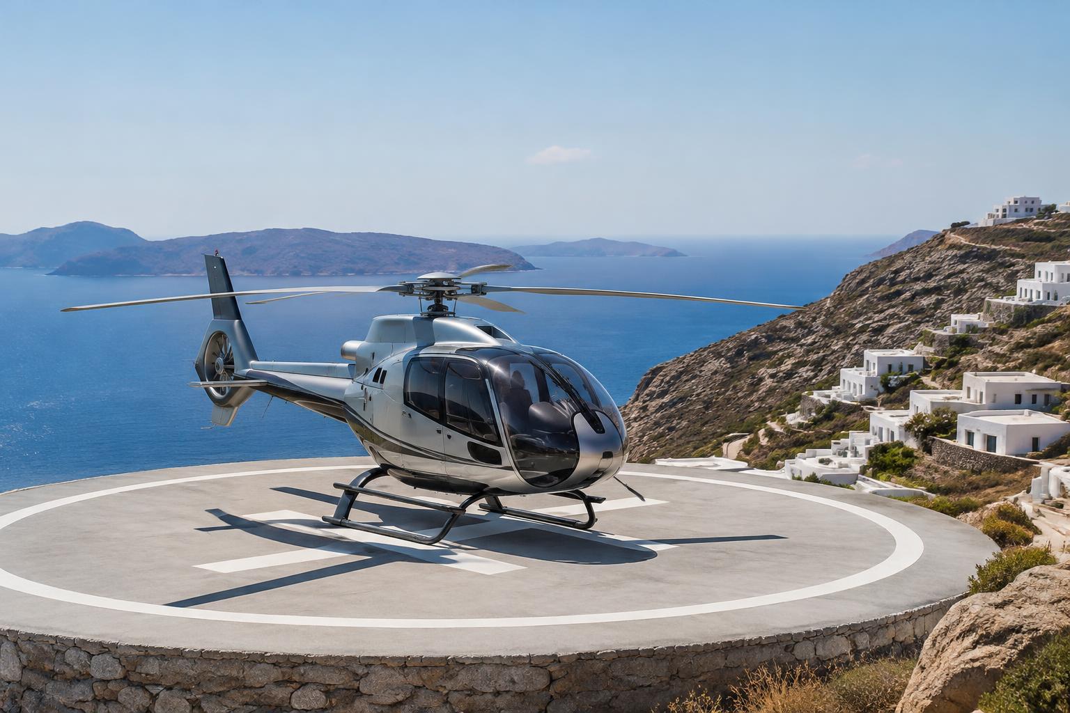 Helicopter overlooking the Aegean from an island helipad